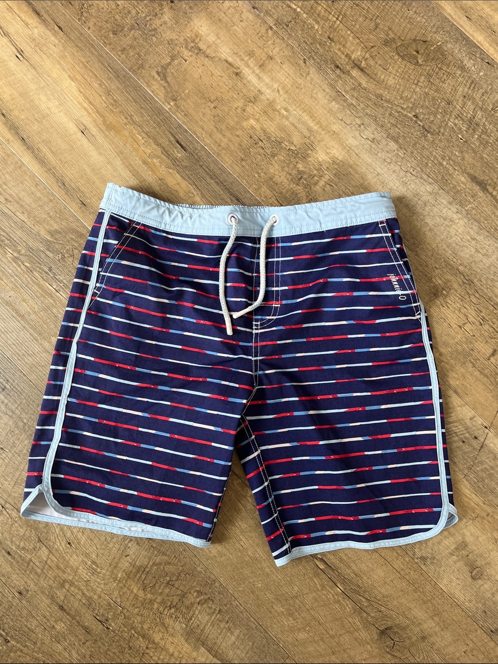 Johnnie-O boys Navy Stripe Swim Trunks with Light Blue Trim - size l4